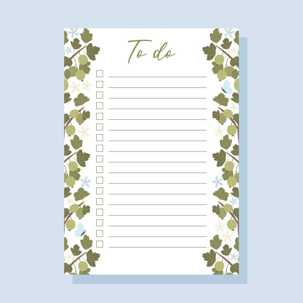 Printable To-do list concept with green gooseberry plant illustration, vector
