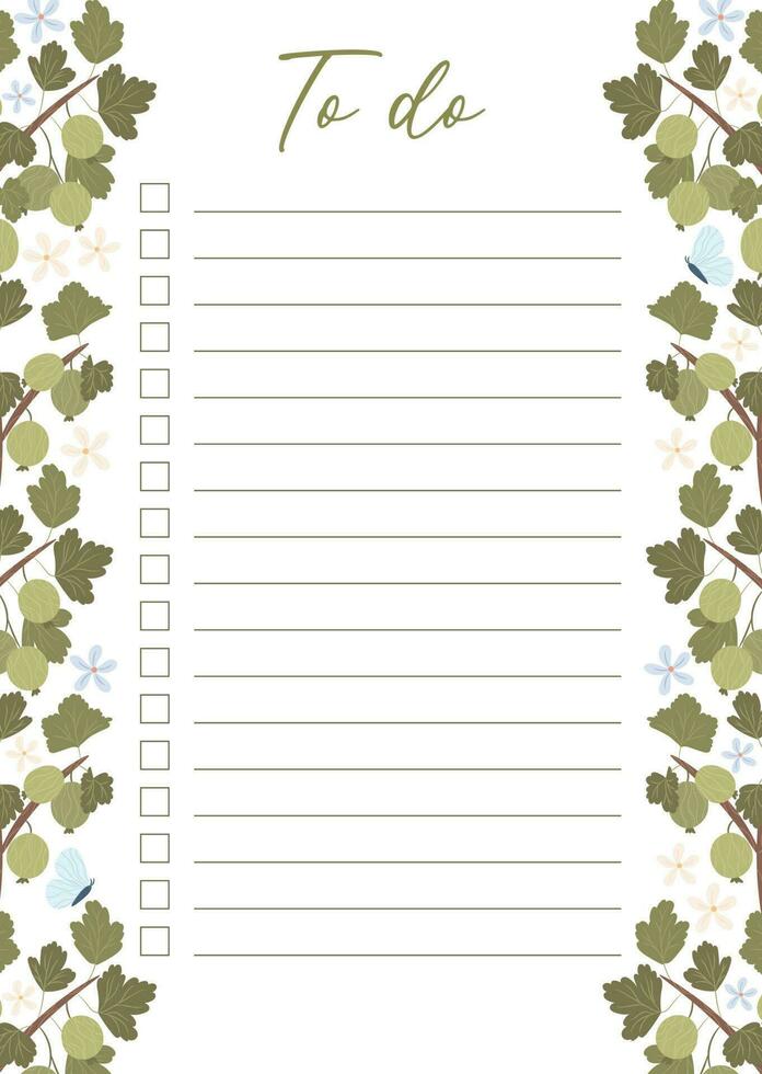 Printable To-do list concept with green gooseberry plant illustration, vector