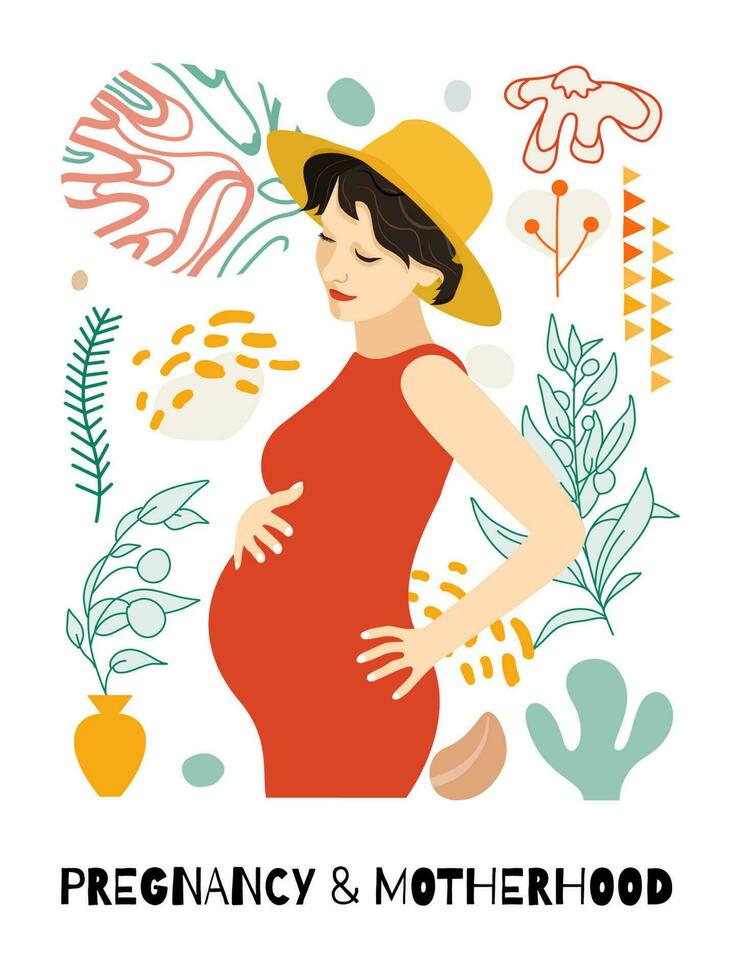 Beautiful pregnant woman. Banner or poster for websites, advertising, greeting card. Mother's day greeting. Health care, female, happy motherhood concept. Minimalism style. vector