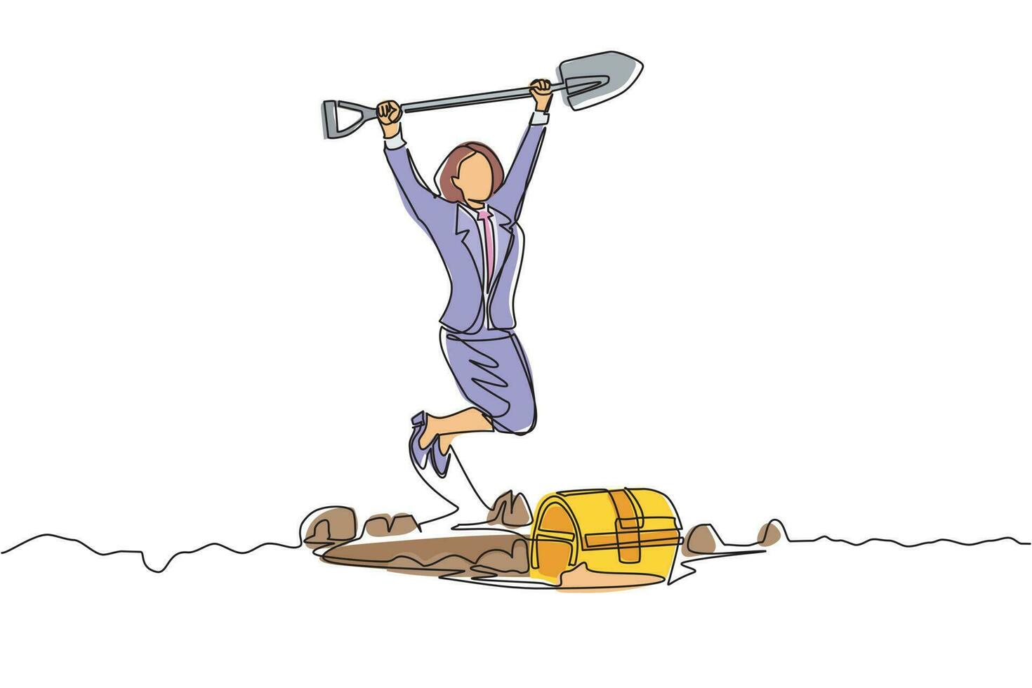 Single continuous line drawing businesswoman in hole prancing happily while lifting shovel with both hands, finding treasure chest. Lucky rich woman. One line draw graphic design vector illustration