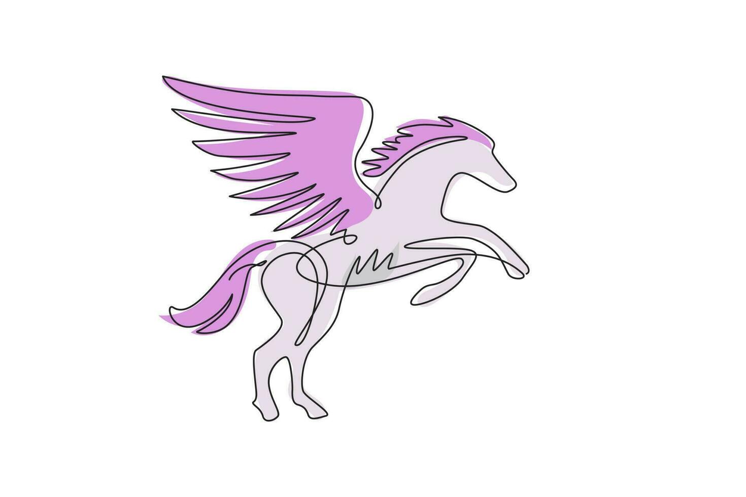 Single continuous line drawing pegasus winged stallion mythical animal icon. Vector silhouette of heraldry horse with mane. Horse logo with wing standing pegasus unicorn. One line draw graphic design