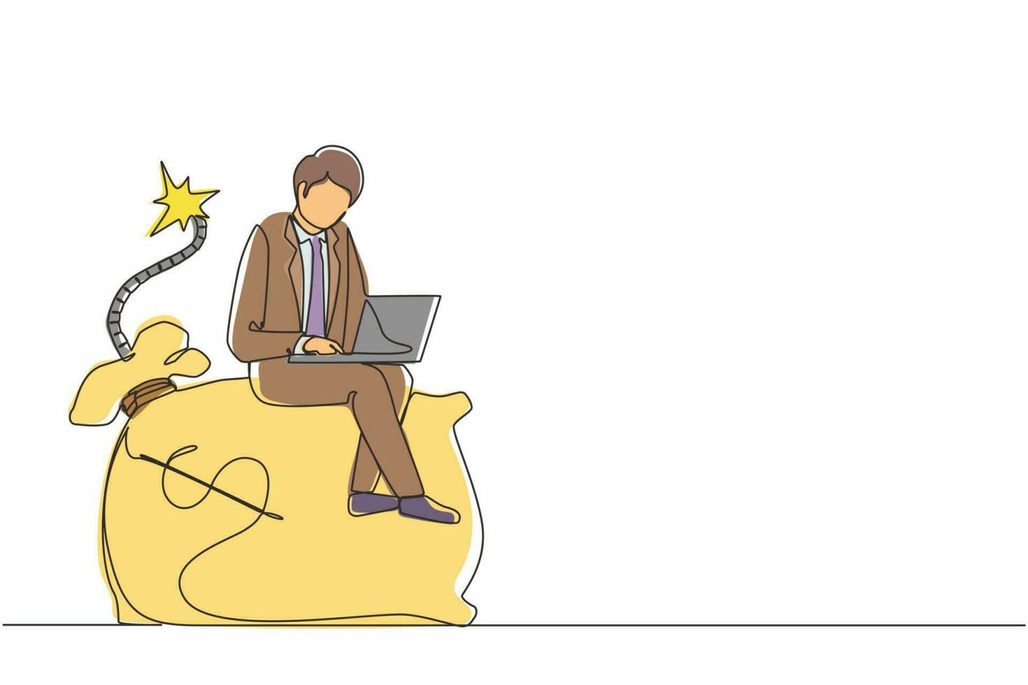 Continuous one line drawing sweating businessman sitting on huge bomb with burning fuse and money bag. Financial problems, taxation burden or business debt, deadline. Single line draw design vector
