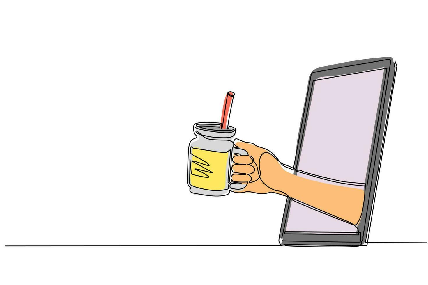 Single continuous line drawing hand holding smoothie juice in glass cup with straw through mobile phone. Concept of cafe drink order delivery online food. Dynamic one line draw graphic design vector