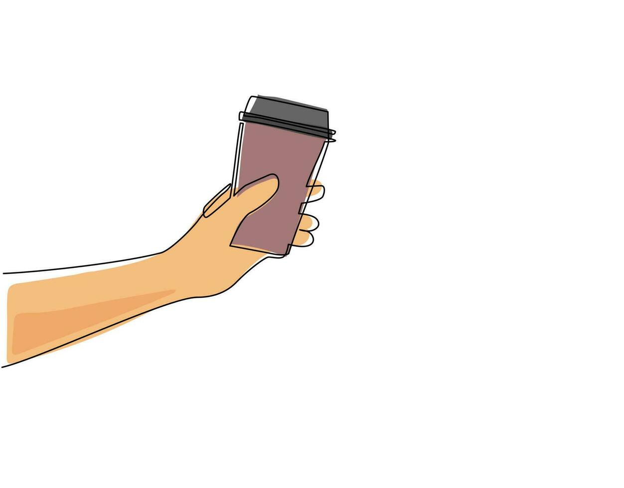Continuous one line drawing hand holding coffee paper cup to takeaway. Hand hold takeaway coffee in reusable cup. For restaurant or cafe drink menu. Single line draw design vector graphic illustration