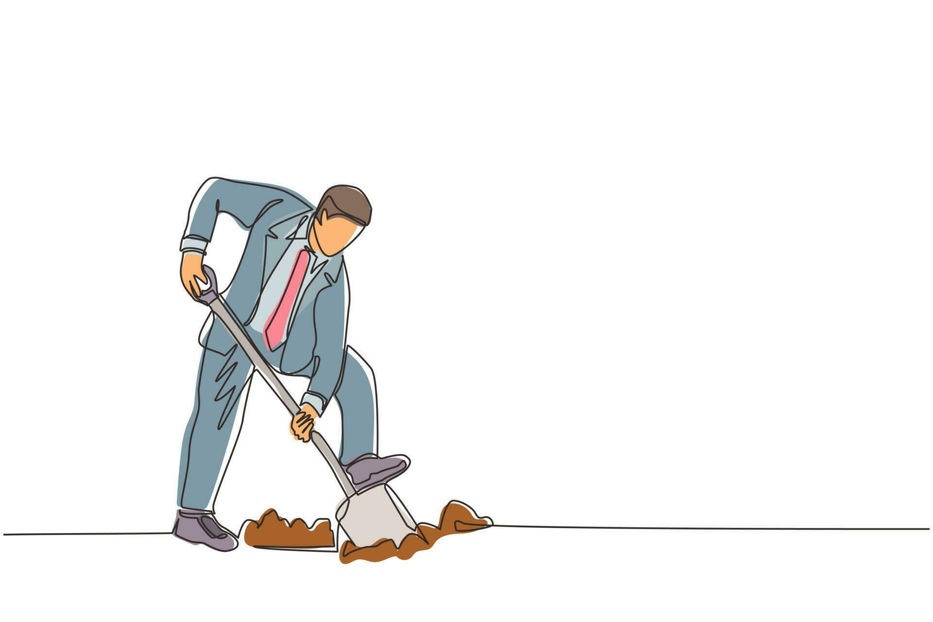 Single one line drawing businessman digging in dirt using shovel. Man ...