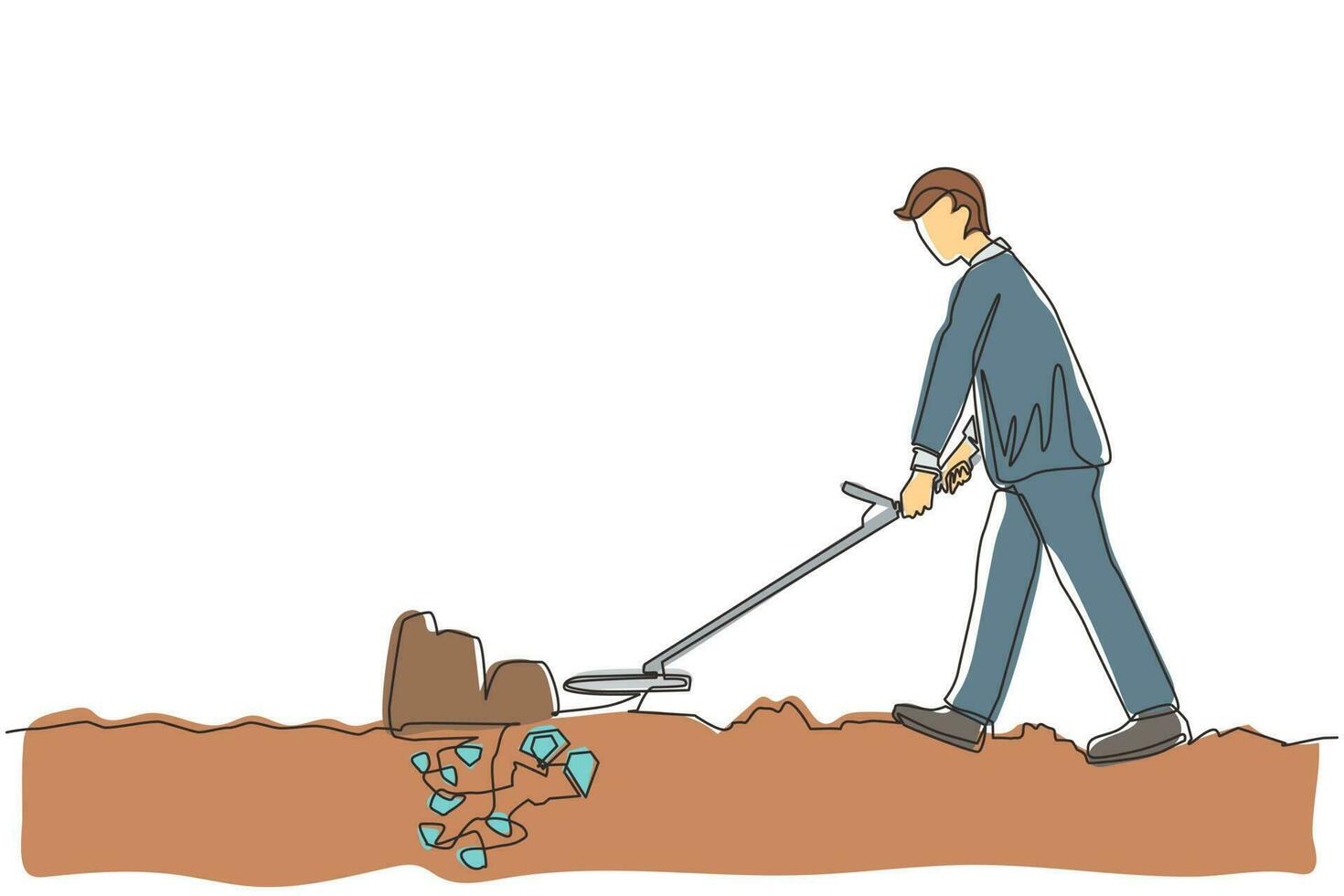 Continuous one line drawing businessman with metal detector looking for pile of diamonds. Man treasure hunter with metal detector finding precious stone. Single line draw design vector illustration