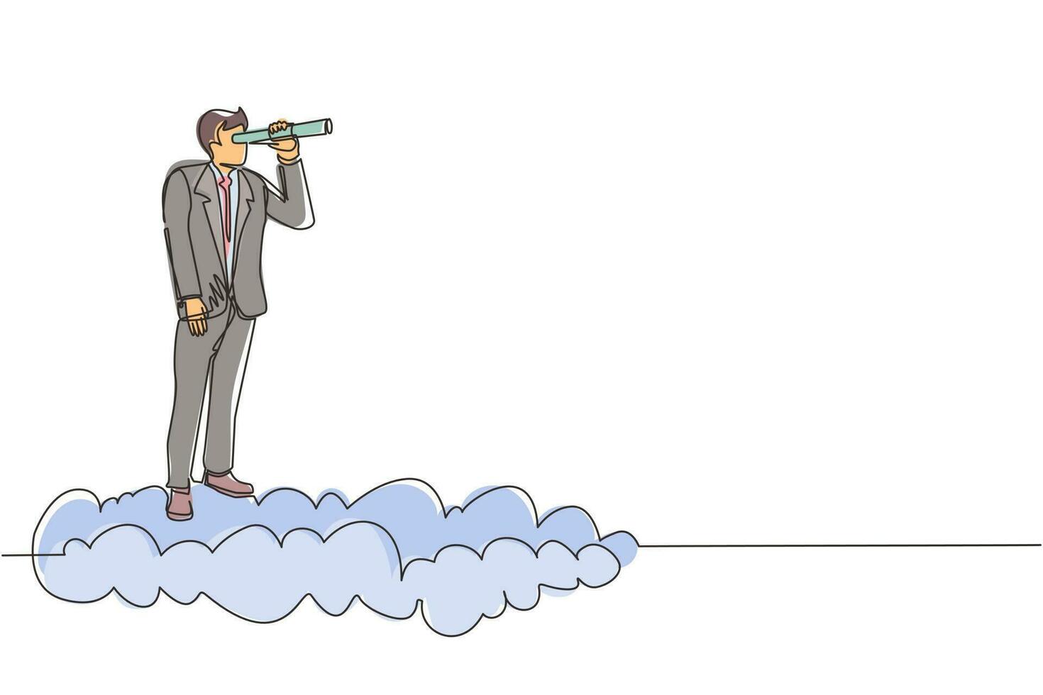 Single one line drawing businessman riding high cloud holding telescope or binocular to search for business visionary. Leadership vision to see company strategy. Continuous line draw design vector