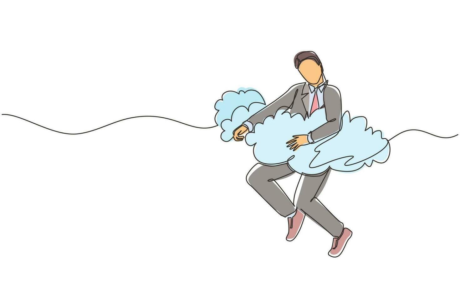 un solo hombre de negocios de dibujo de línea continua cuelga en las nubes. esperando el éxito, la libertad financiera, el proyecto empresarial ganador, el concepto de logro. ilustración de vector de diseño gráfico de dibujo de una línea