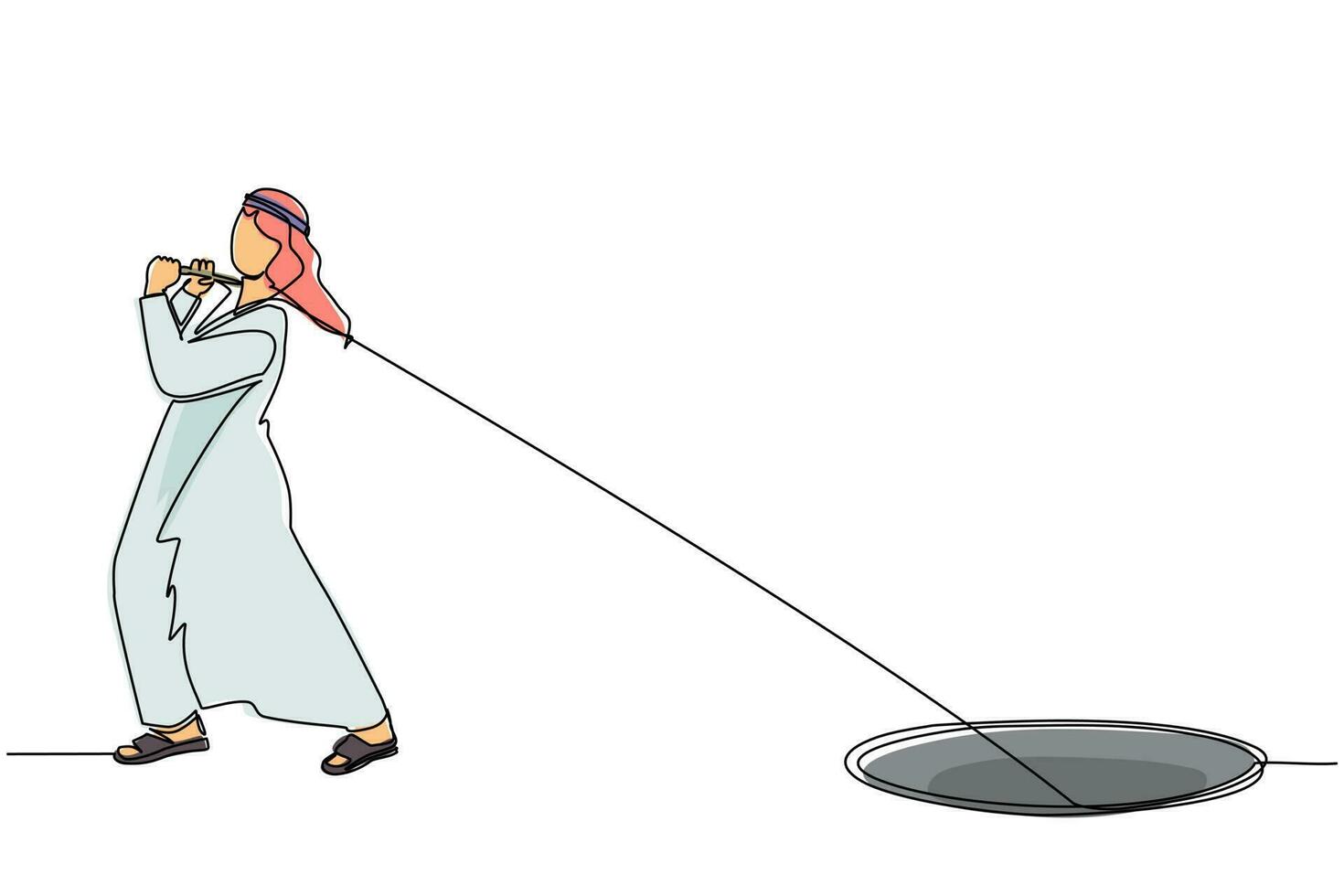 Single continuous line drawing Arabian businessman trying hard pulling rope to drag something from hole, metaphor to facing big problem. Business struggles. One line graphic design vector illustration