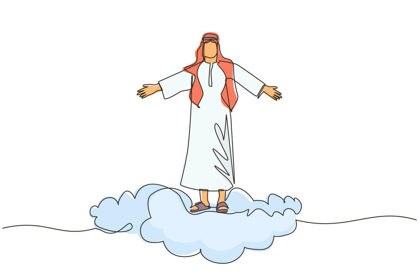 Single continuous line drawing happy Arabic businessman on top of cloud with raised hands. Successful business concept. Financial freedom, happiness, peaceful. One line draw design vector illustration