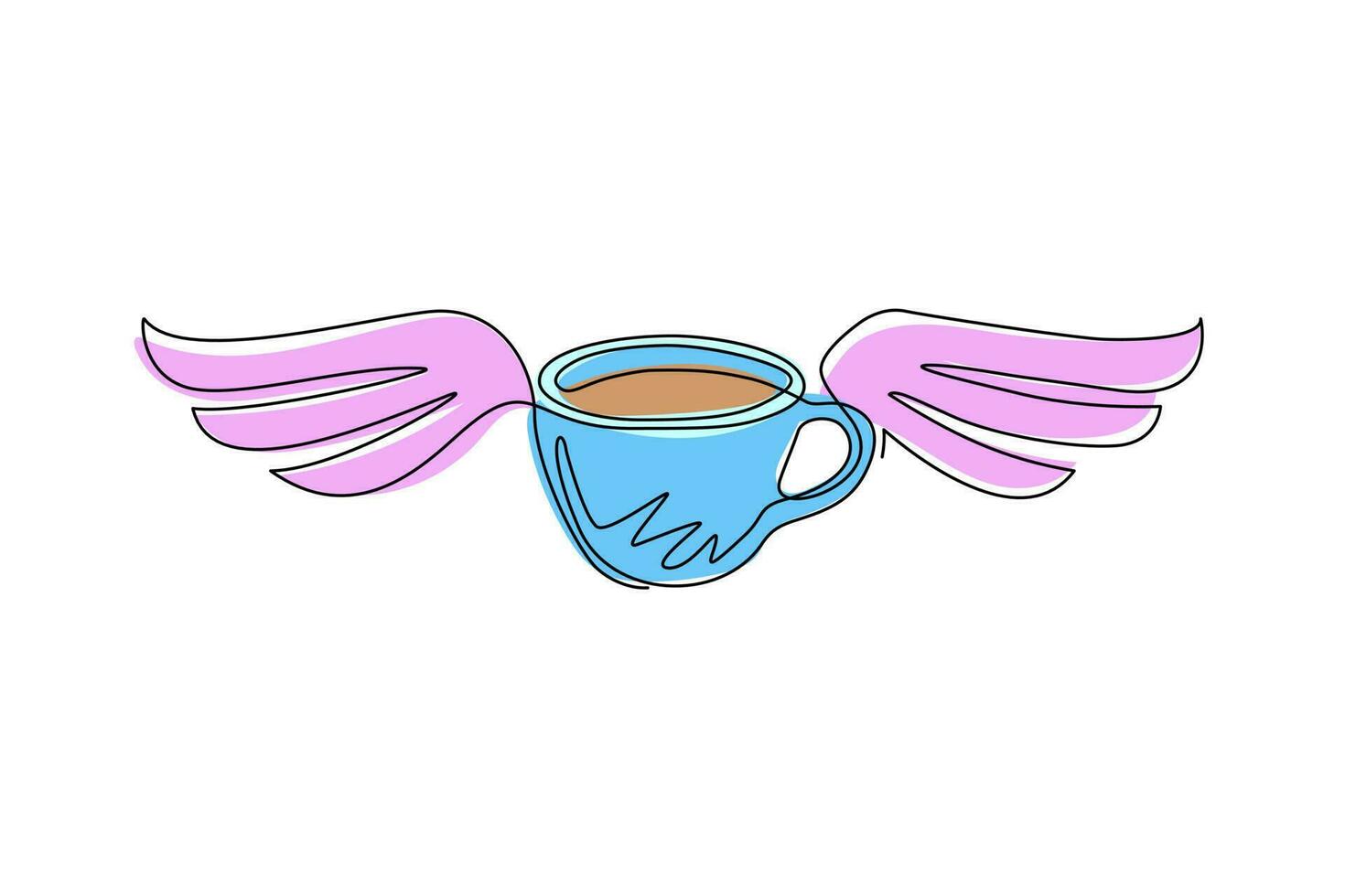 Single one line drawing cup of coffee with wings. Idea for advertising coffee drinks, business card, branding and corporate identity. Modern continuous line draw design graphic vector illustration