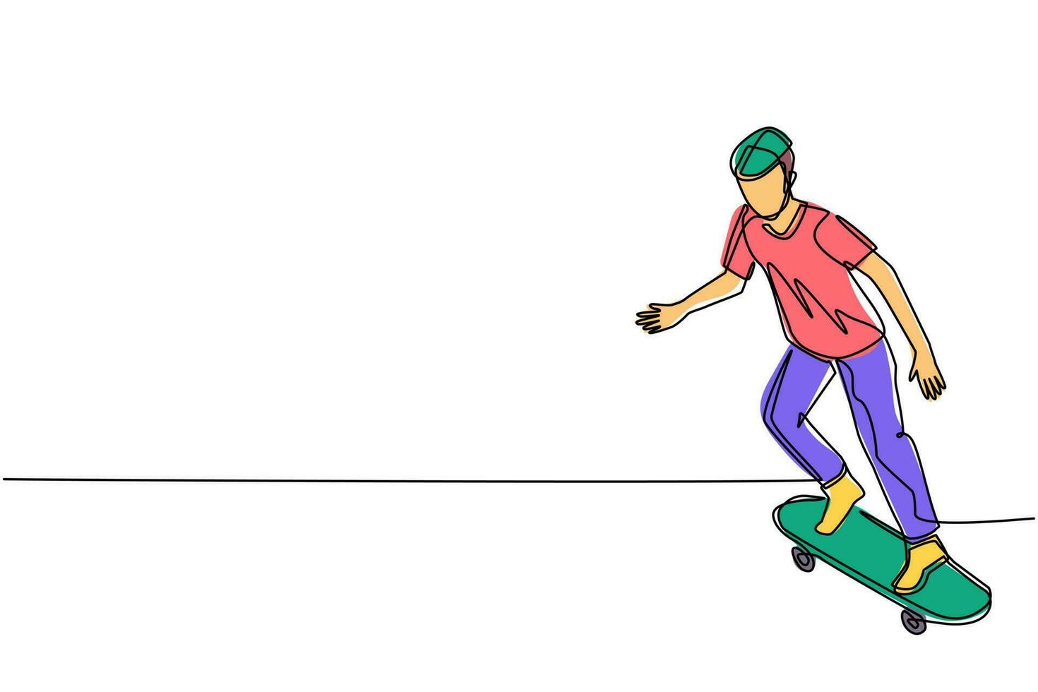 dibujo de una sola línea joven montando monopatín. patinador masculino con estilo en ropa casual. chico se mueve por la ciudad, actividades al aire libre, disfruta de pasatiempos. ilustración de vector de diseño de dibujo de línea continua
