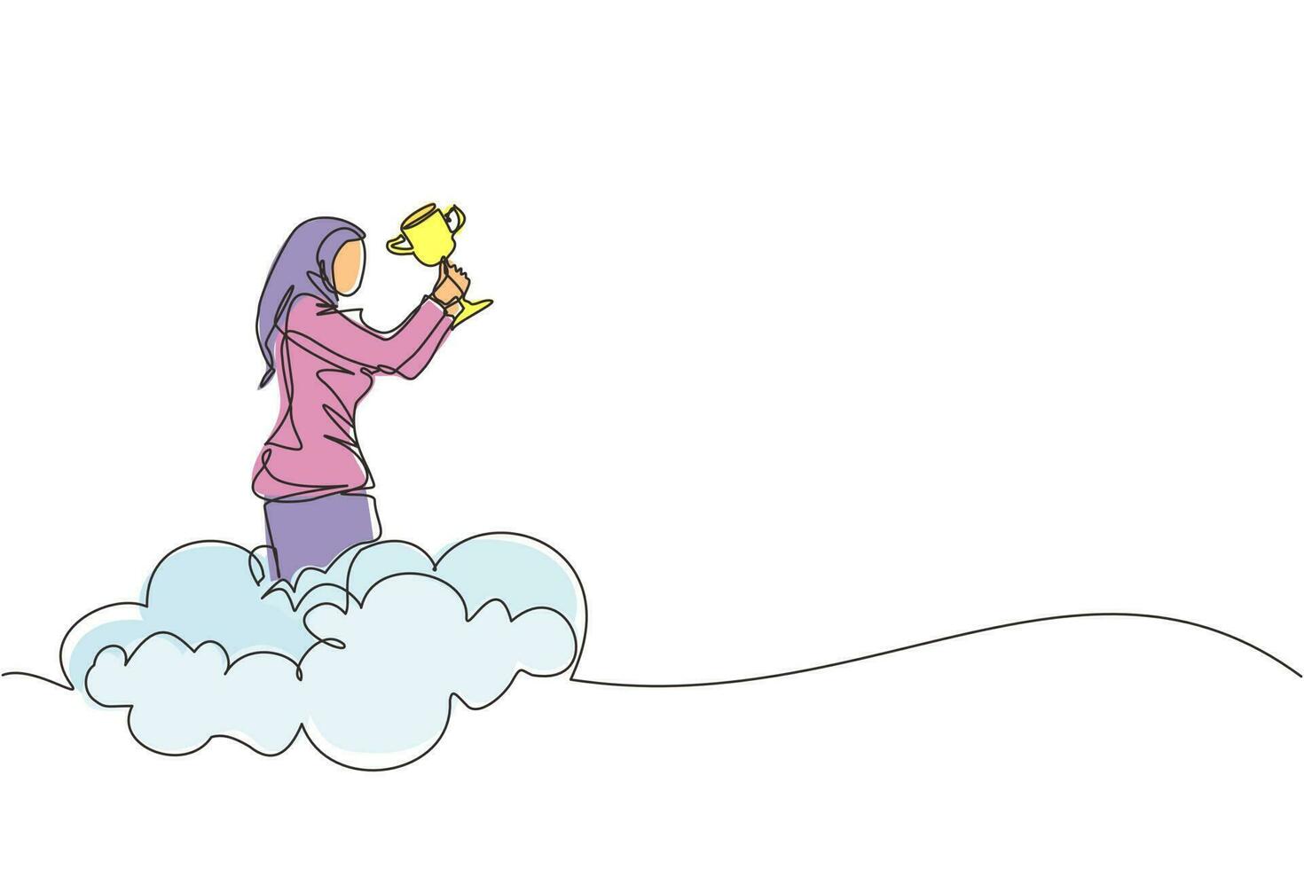 Single one line drawing Arabian businesswoman holding trophy in cloud. Showing award celebrate her victory in sky. Business success goal achievement. Winning competition. Continuous line design vector