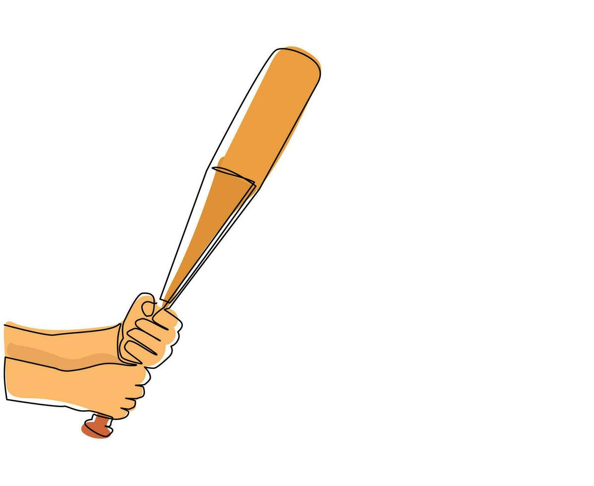 mano de jugador de dibujo de una sola línea sosteniendo un bate de béisbol. equipo de juego de deporte al aire libre americano. bate de béisbol realista. boceto de imitación de scratchboard. ilustración de vector de diseño de dibujo de línea continua