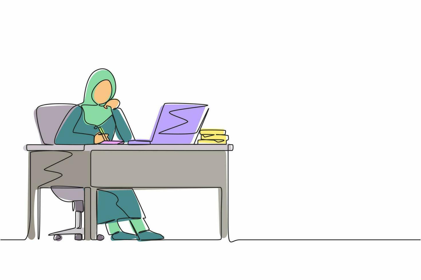 dibujo continuo de una línea empresaria árabe escribiendo sentada frente a la computadora portátil en la mesa. mujer estudiando y escribiendo en un cuaderno, en el escritorio frente a la computadora. gráfico vectorial de diseño de una sola línea vector