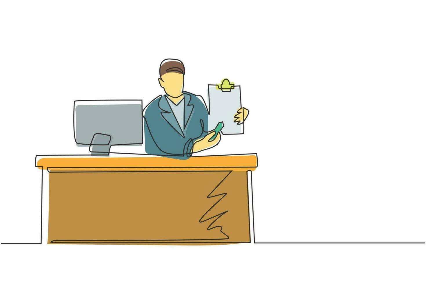 Single one line drawing smiling banking clerk showing bank credit, loan contract or mortgage agreement sitting at desk with computer. Businessman lender. Continuous line draw design graphic vector