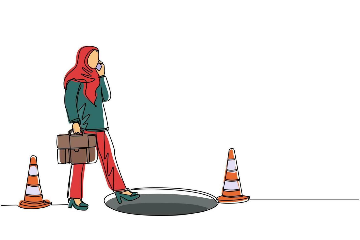 una sola línea continua dibujando a una mujer de negocios árabe hablando por teléfono celular y no ve el agujero en el frente. la mujer camina hacia la trampa de negocios. metáfora. ilustración de vector de diseño gráfico de dibujo de una línea