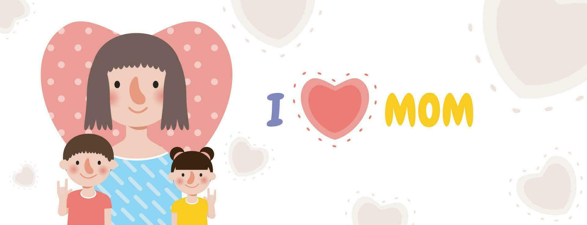 Happy Mother's day greeting card. banner template Beautiful mother hugging son on heart background, i love mom with holiday isolated Vector illustration modern flat style