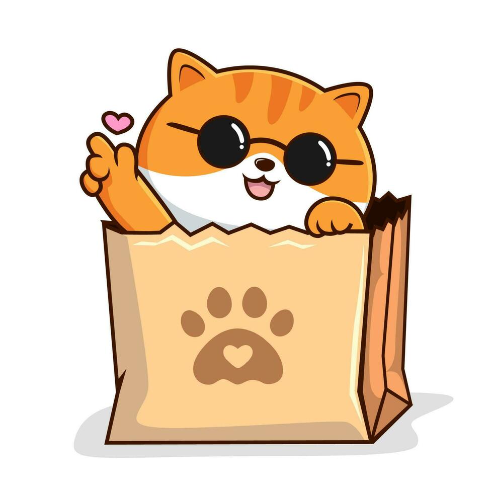 Tabby Cat in Paper Bag Love Hand - Striped Orange Pussy Cat in Shopping Bag vector