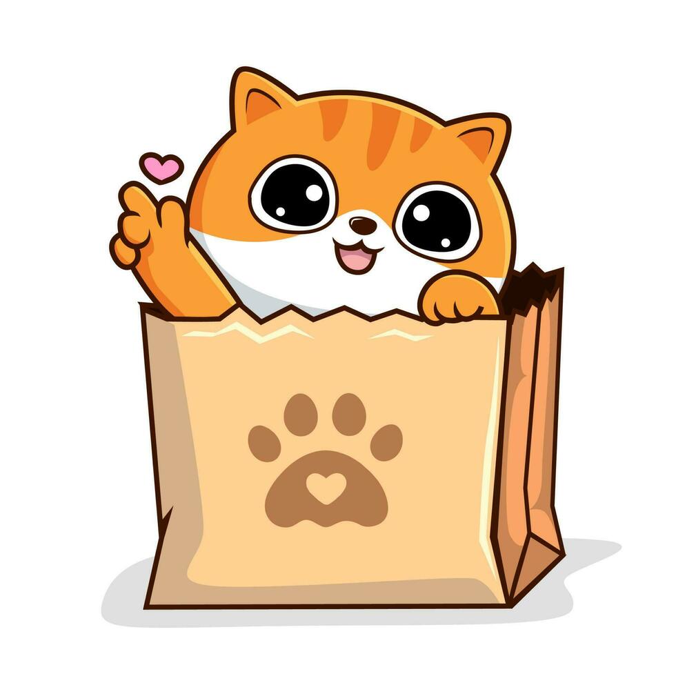 Tabby Cat in Paper Bag Love Paws -Striped Orange Pussy Cat in Shopping Bag vector