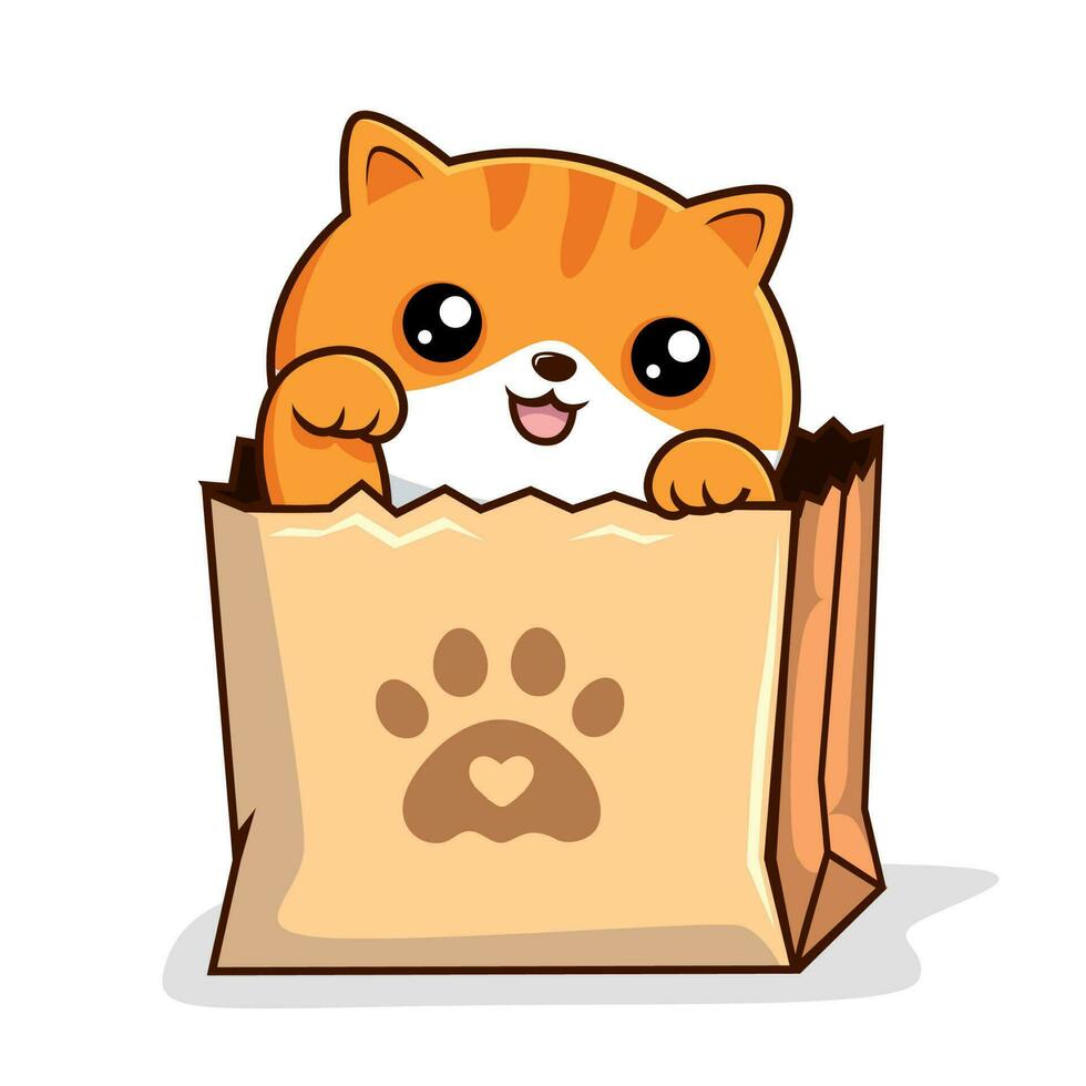 Tabby Cat in Paper Bag Waving Hand Cartoon - Striped Orange Pussy Cat in Shopping Bag vector