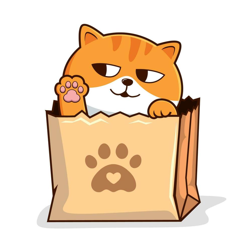 Tabby Cat in Paper Bag Waving Paws - Striped Orange Pussy Cat in Shopping Bag vector