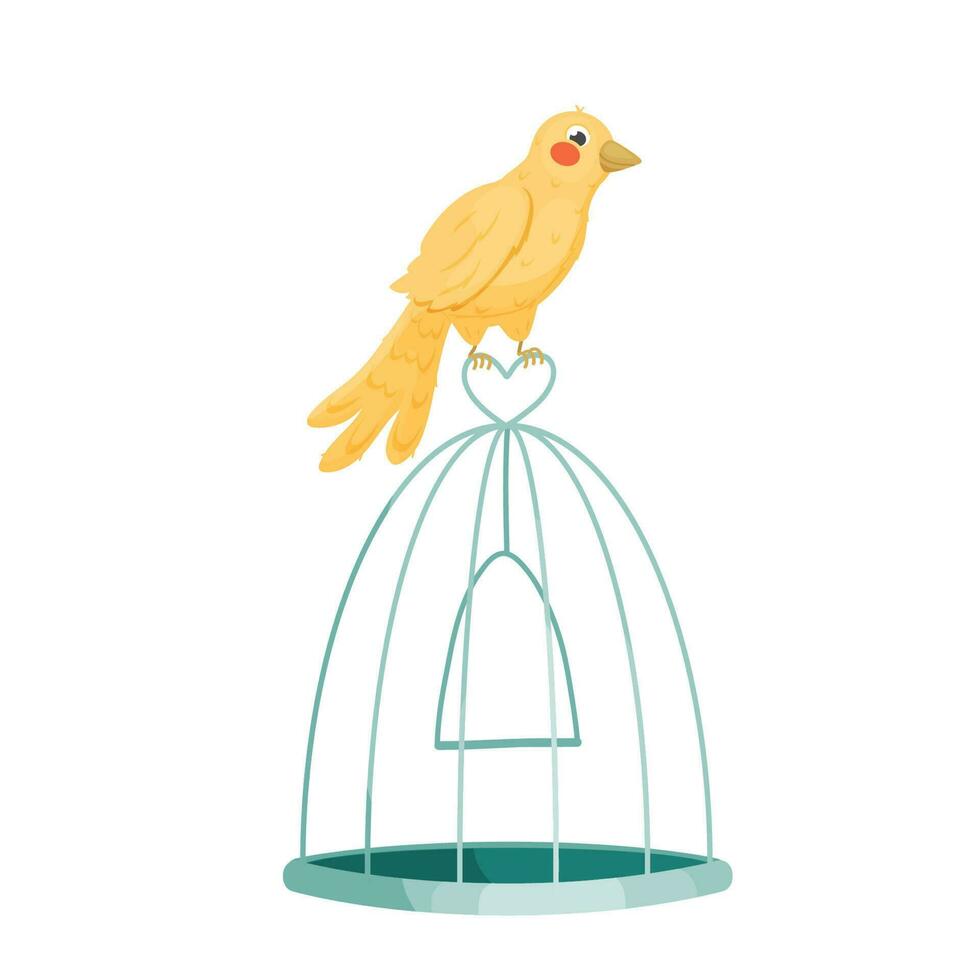 Little yellow bird sitting on the cage. Vector illustration.