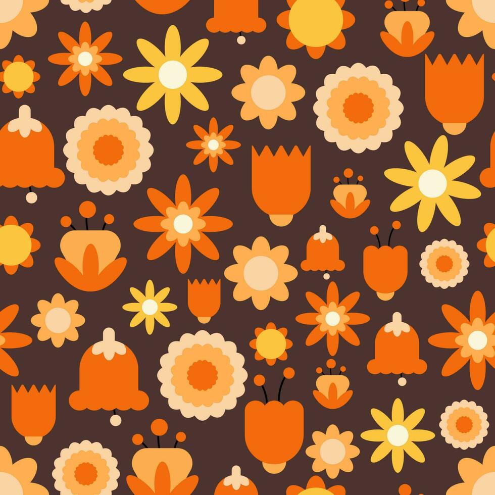 Retro flowers seamless pattern in 70s style. Vector hand drawn ornament.