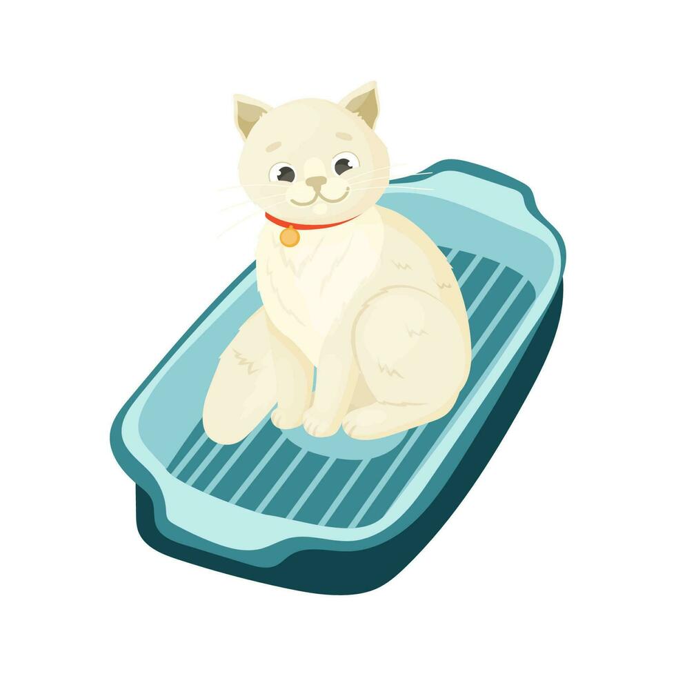 Cat sitting in cat litter box. Cartoon vector illustration.