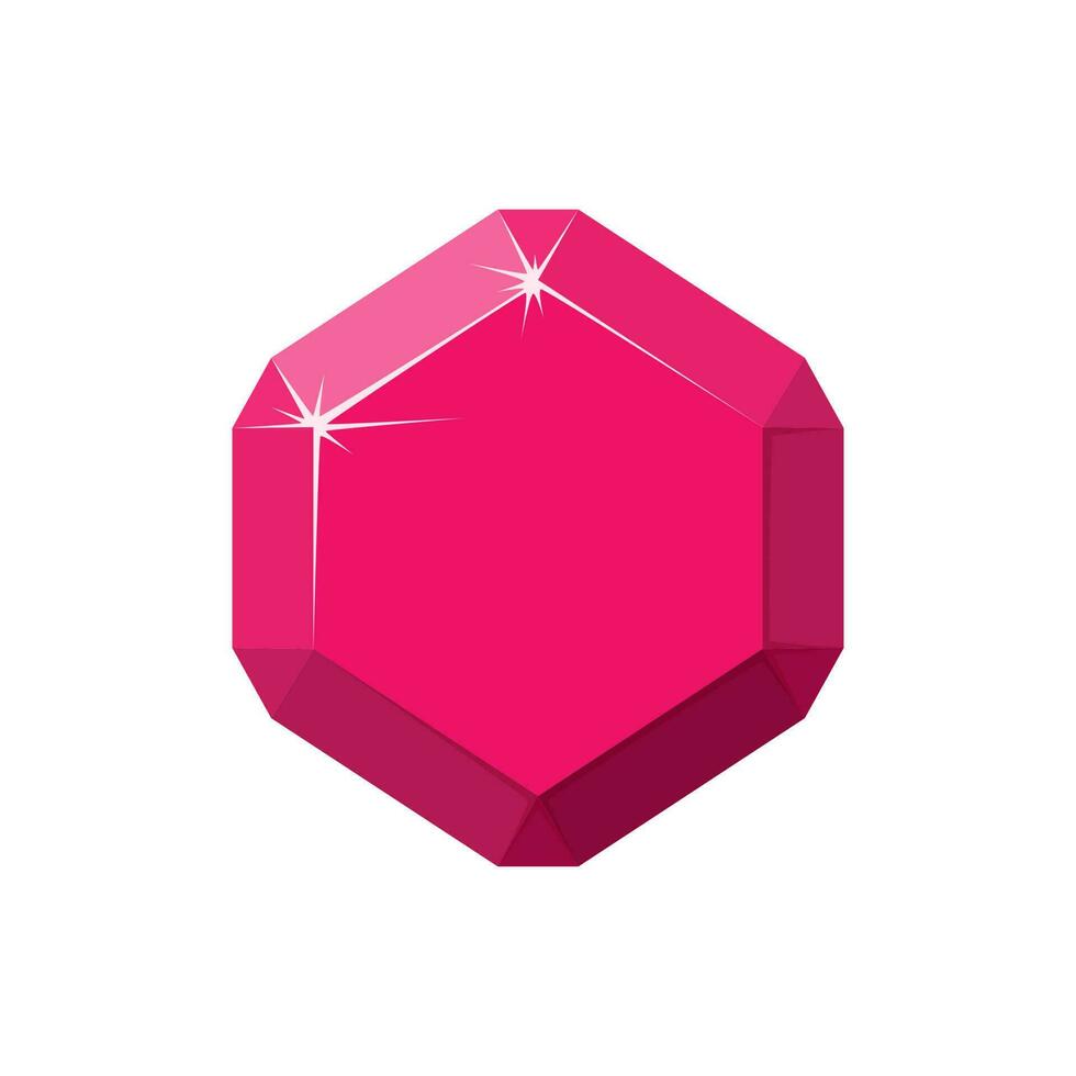 Hexagon red gemstone. Ruby top view. Cartoon vector illustration