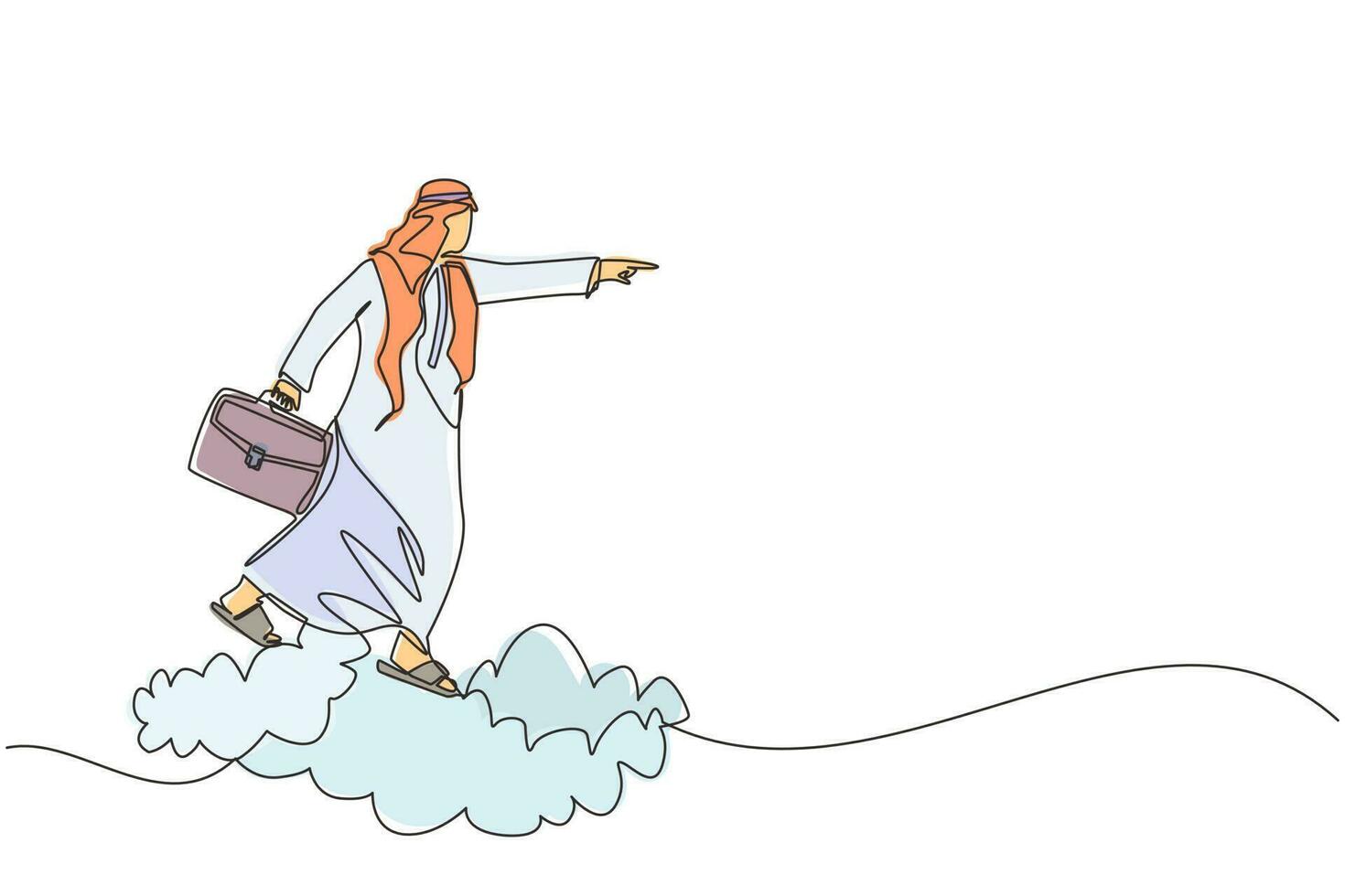 Single continuous line drawing Arab businessman holding briefcase ride cloud, pointing forward, go to future, business concept. Man on cloud way to success. One line graphic design vector illustration