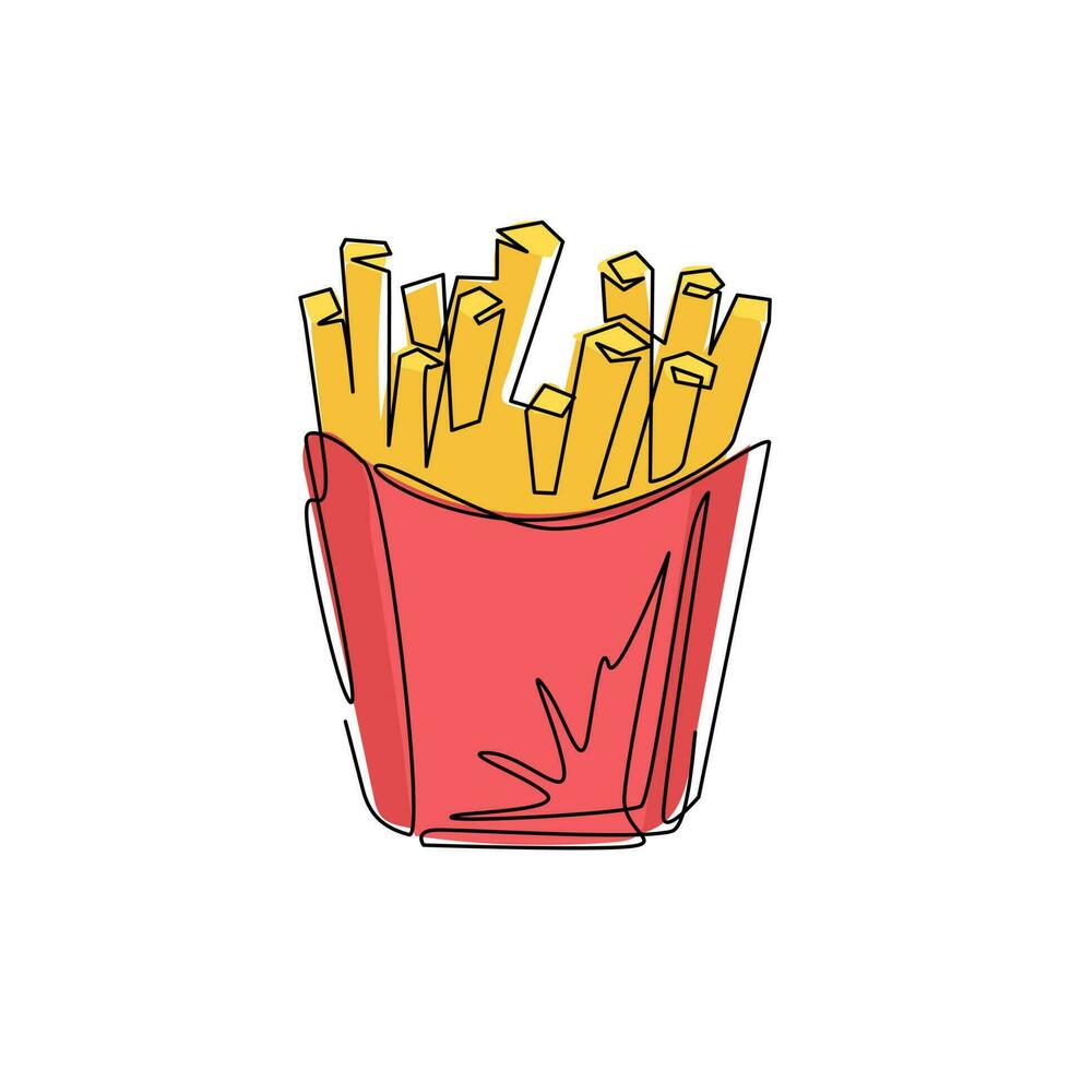 Single one line drawing french fries in paper box, isolated. Flat design icon logo symbol. Fat french fries fast food in red package. Modern continuous line draw design graphic vector illustration