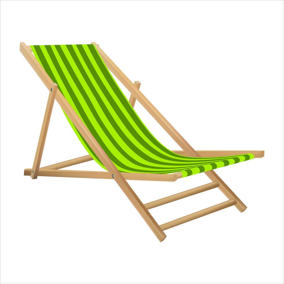 beach chair vector realistic 3d beach sunbathing green color, wooden deck chair. Relax in summer. Isolated on white background illustration.