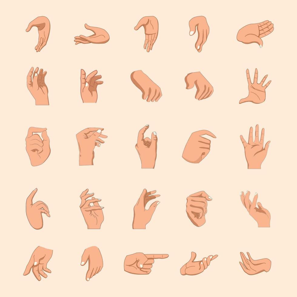 Vector illustration of hands in different gestures emotions and signs isolated on background