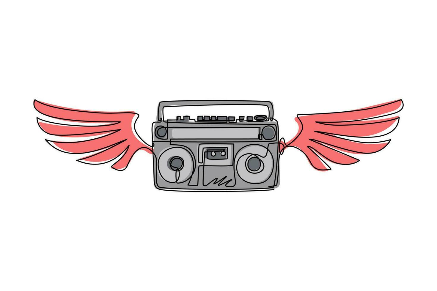 Single continuous line drawing winged boombox black and white music emblem. Tape recorder monochrome graffiti with wings. Retro radio icon. Dynamic one line draw graphic design vector illustration