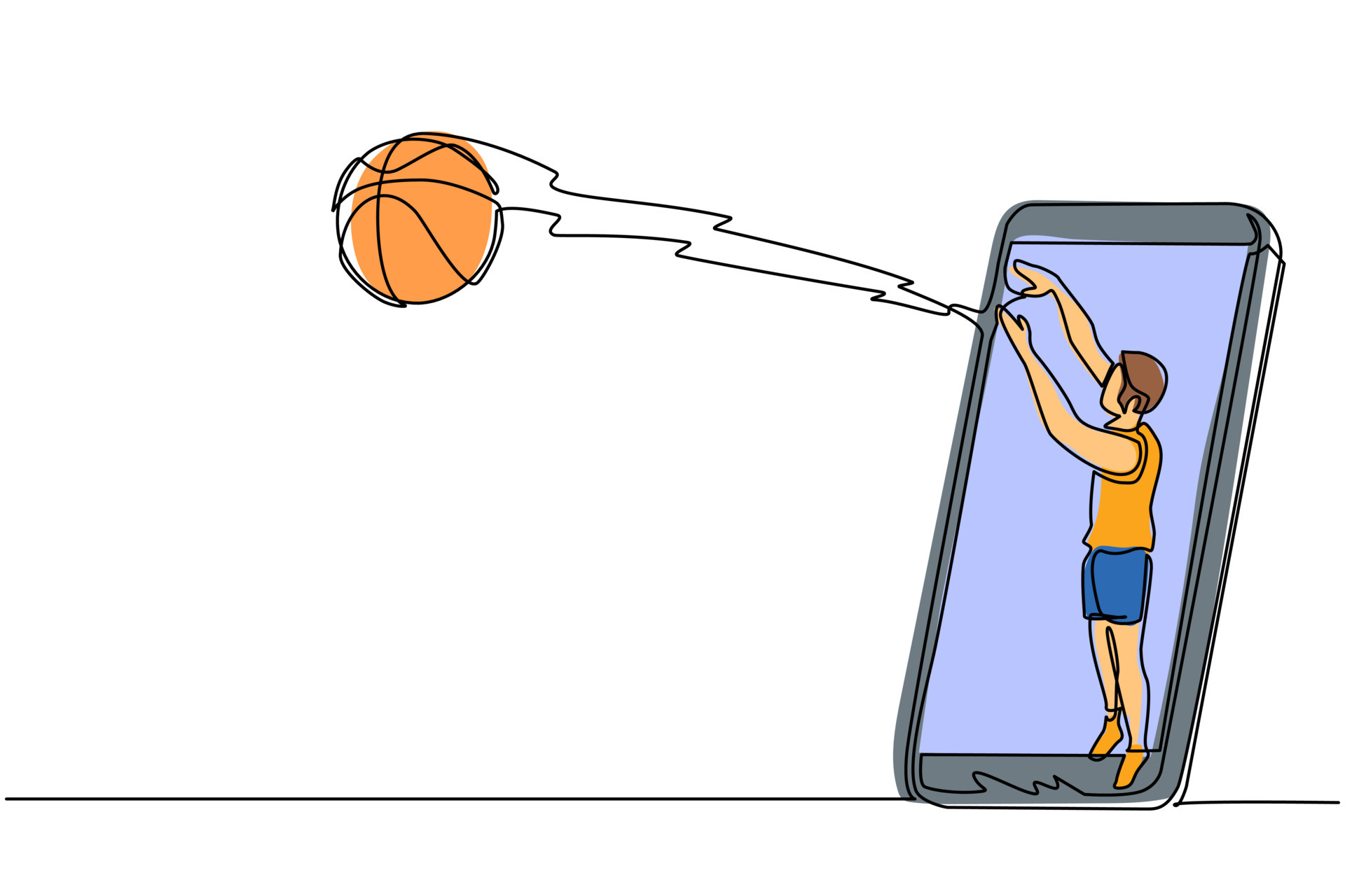 Continuous one line drawing basketball player shooting ball out of smartphone screen. Online basketball games. Smartphone applications