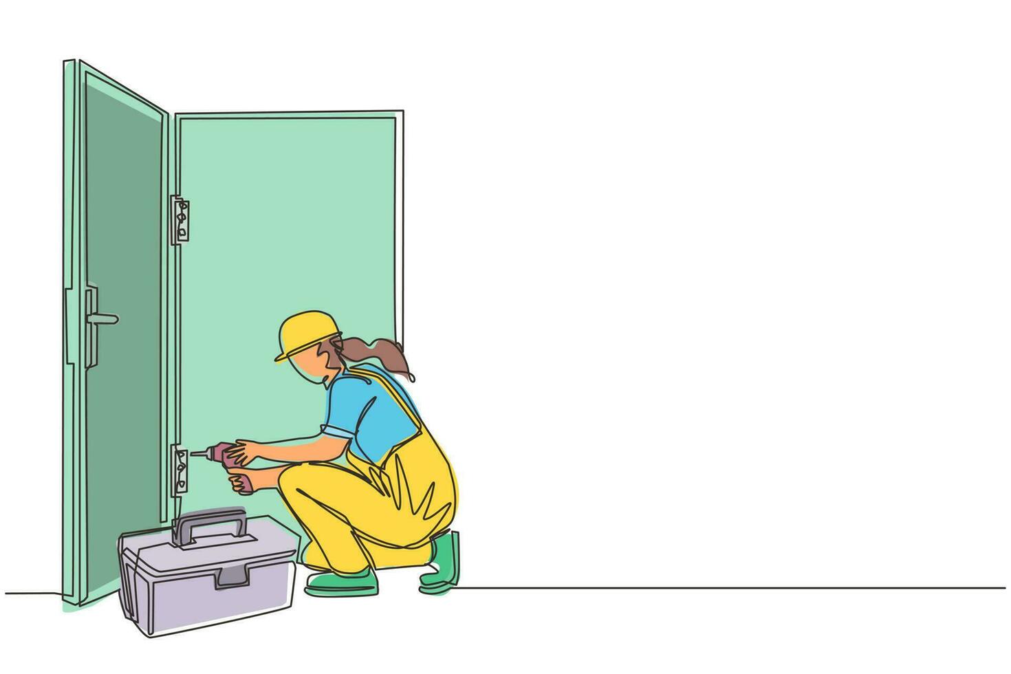 Single one line drawing door service. Repairwoman in the uniform with special equipment repair door element. Locksmith woman fix lock. Construction services. Continuous line draw design graphic vector