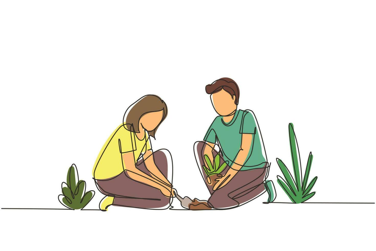 Single one line drawing young man woman are planting tree. Gardening, garden tools, spring, stalk. Couple plants seedling. Girl helps man plant young tree. Continuous line draw design graphic vector