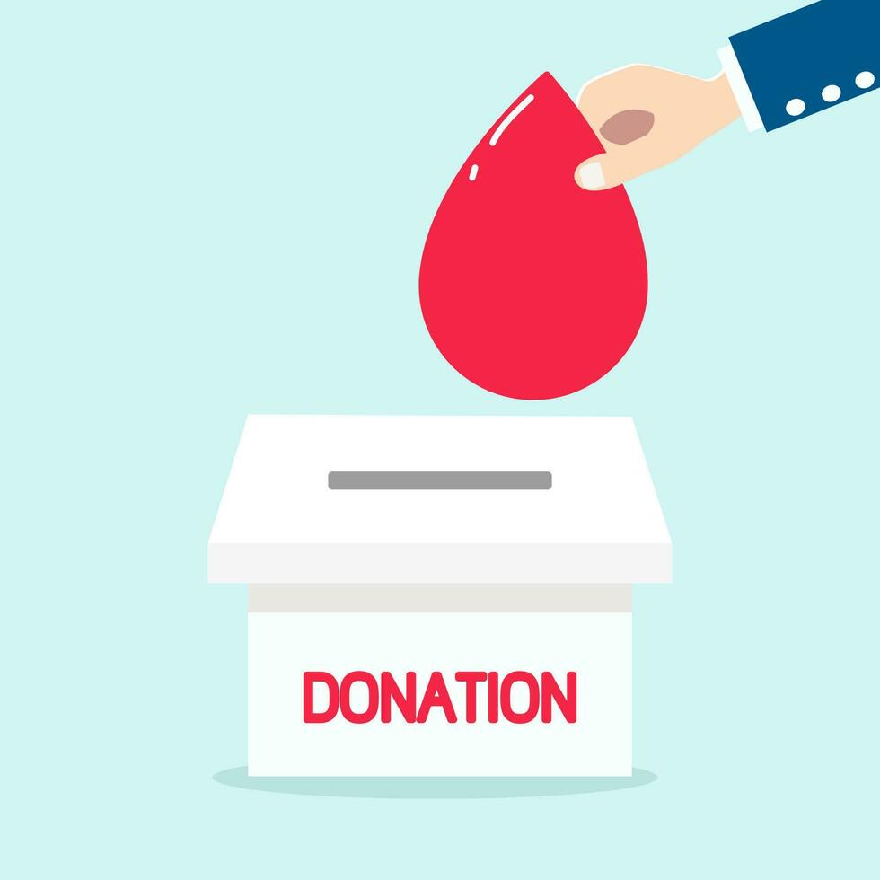 Hand holding blood sign above charity box for d blood donation concept. vector