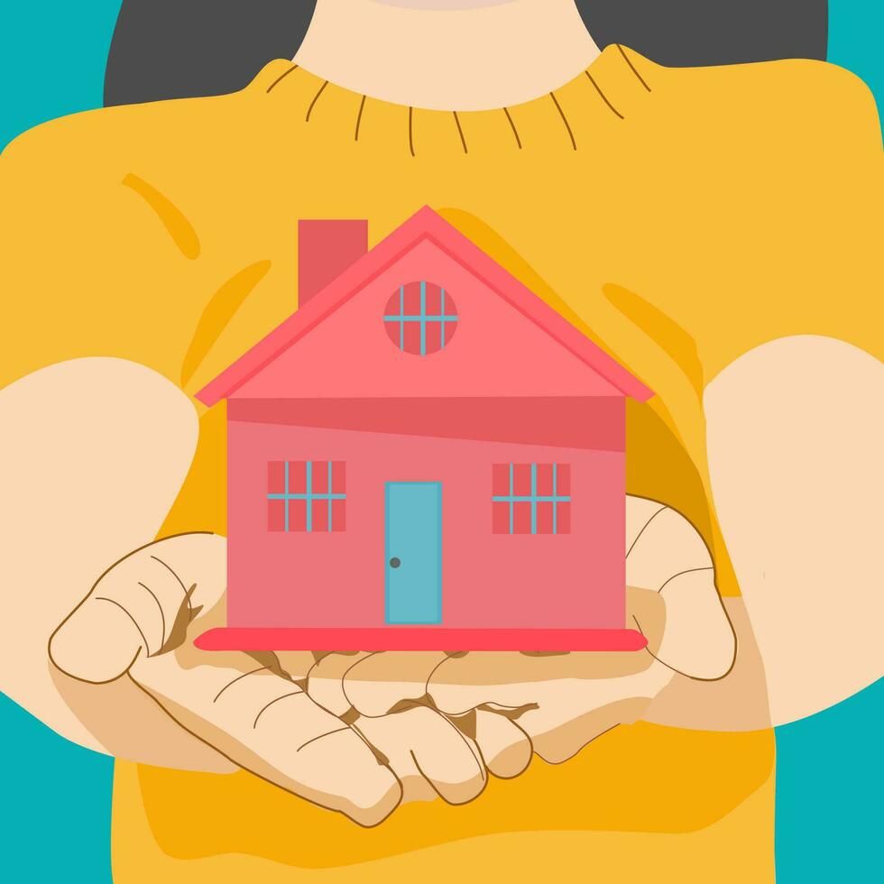 Pink house in woman hands, real estate concept. vector