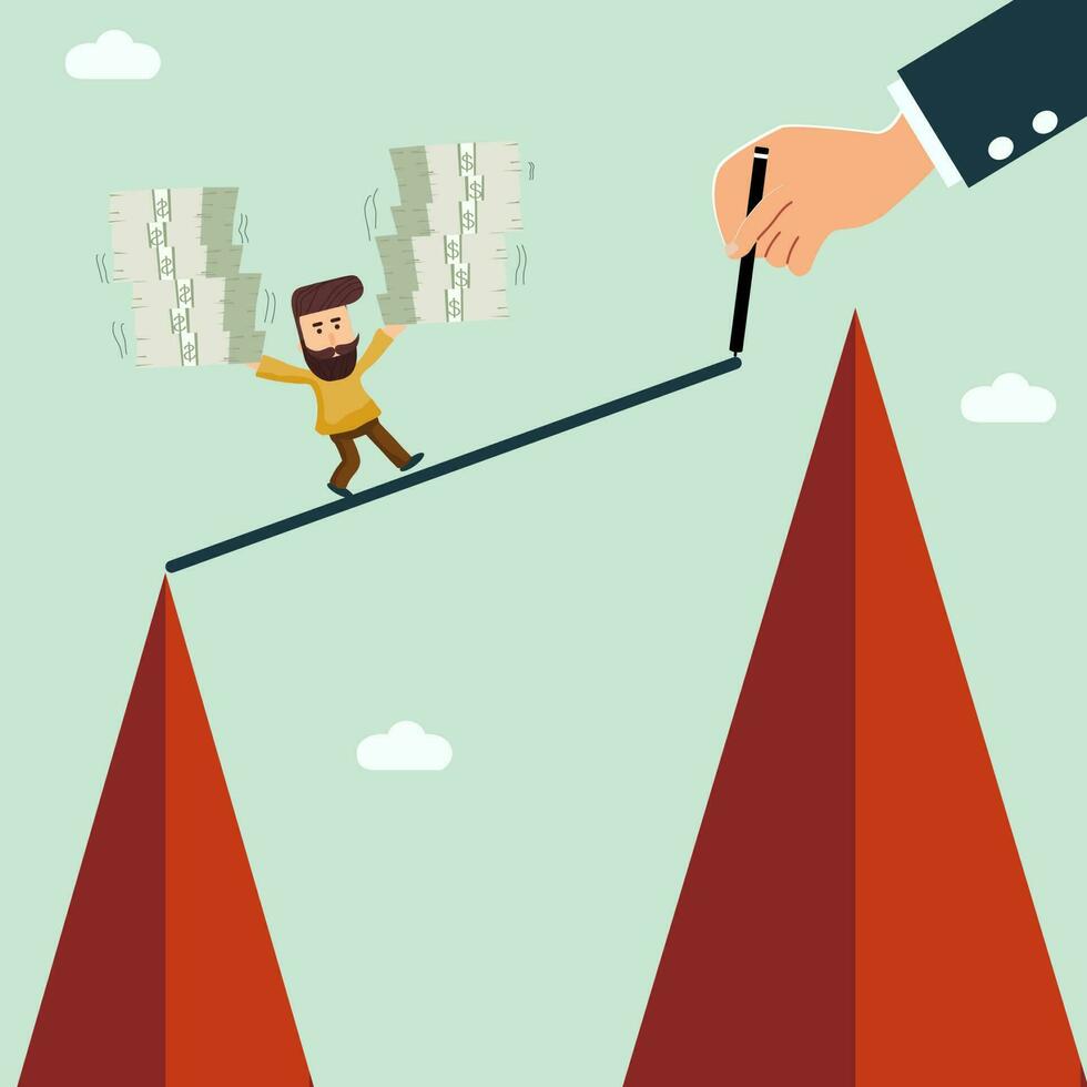 Businessman writing way for his partner who is carrying stacks of money to easy cross other hill, mentor and partnership concept. vector
