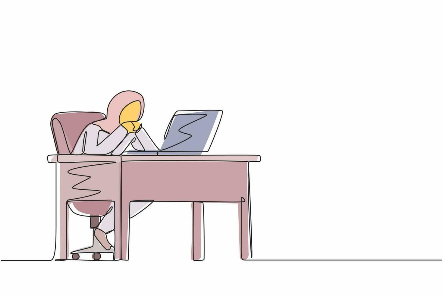 Single one line drawing pensive Arabian businesswoman working at laptop. Frustrated female in doubt with hand on chin gesture. Work at home office. Remote job, workplace. Continuous line design vector