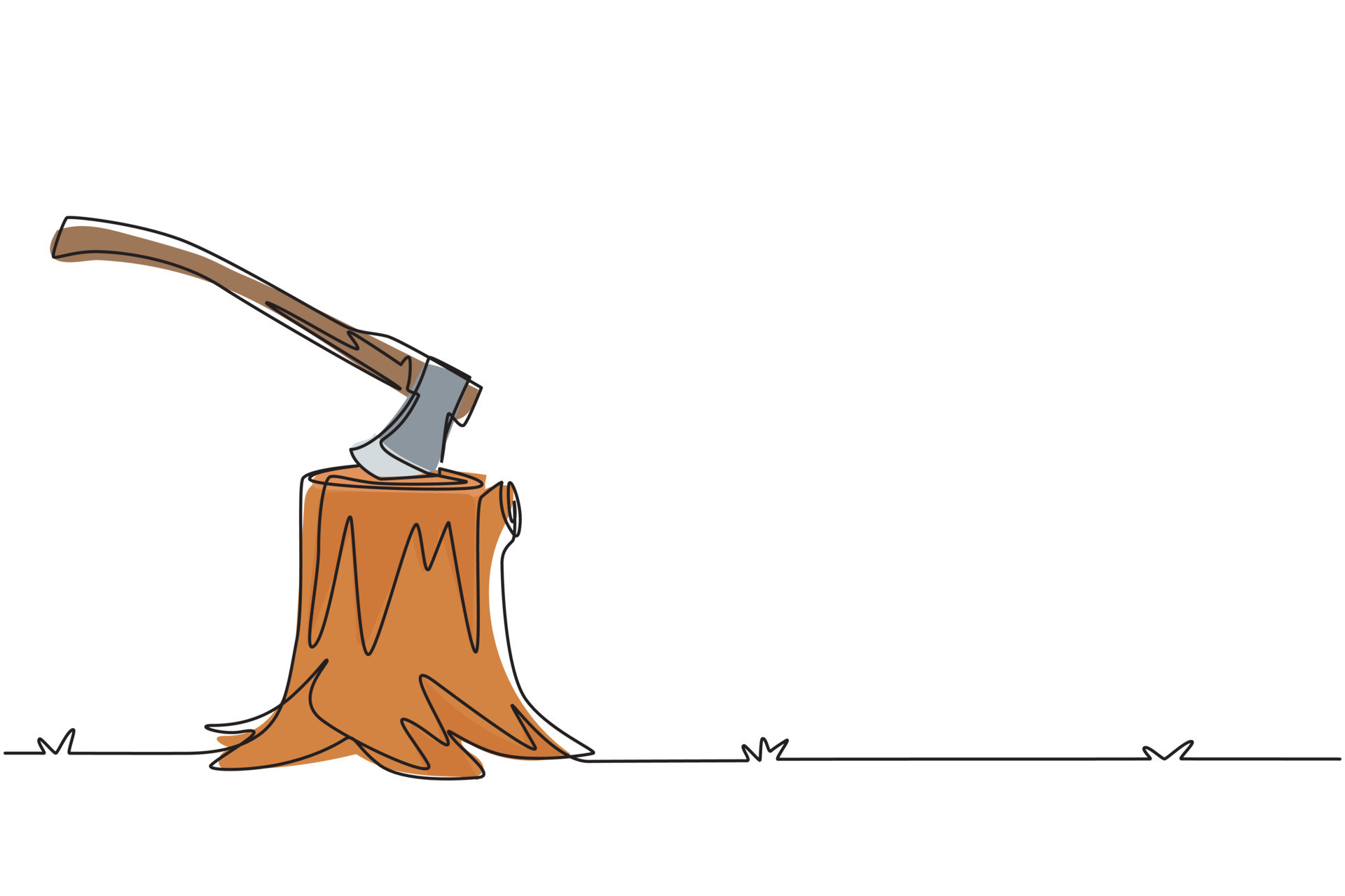 Single continuous line drawing Hatchet in a tree stump. A tree stump