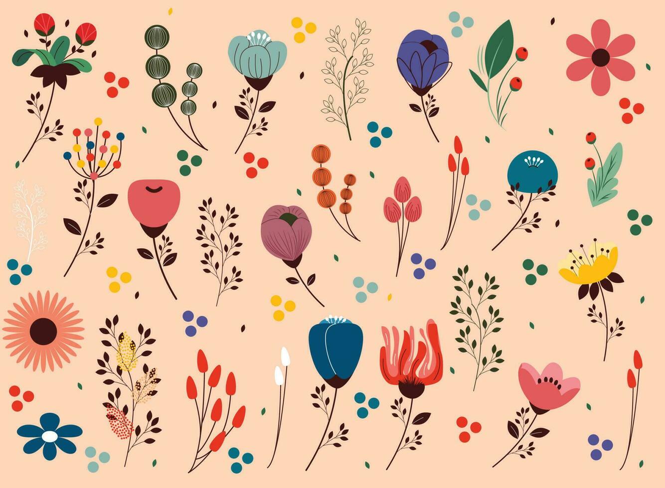 Flower collection with leaves, floral bouquets. Vector flowers. Spring art print with botanical elements.