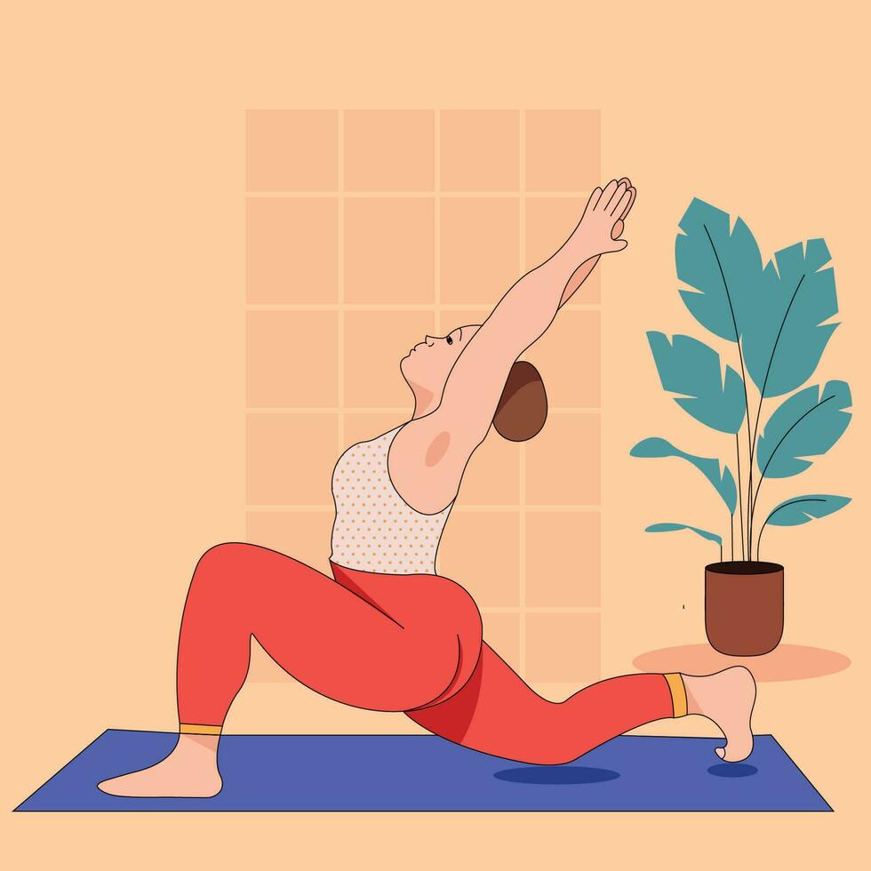 Practicing yoga. Vector illustration. Young and happy woman meditates.