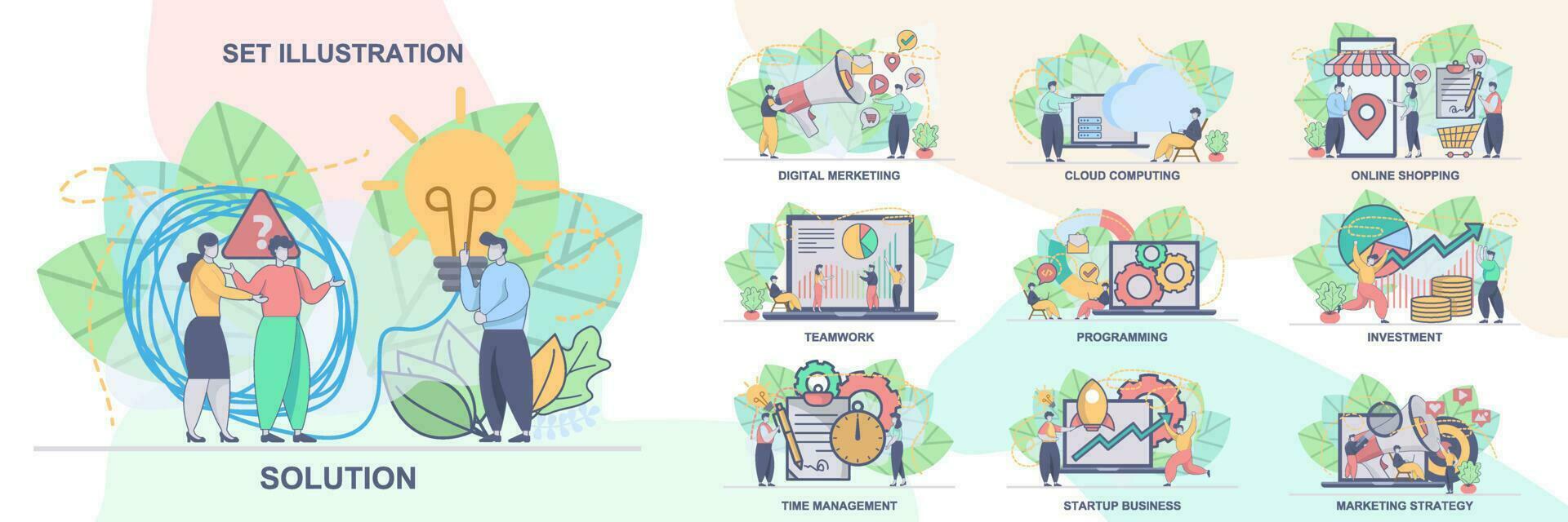 conjunto de web página diseño plantillas para en línea compras, digital marketing, trabajo en equipo, estrategia, inversión, solución etc . moderno vector ilustración conceptos para sitio web y móvil sitio web desarrollo.