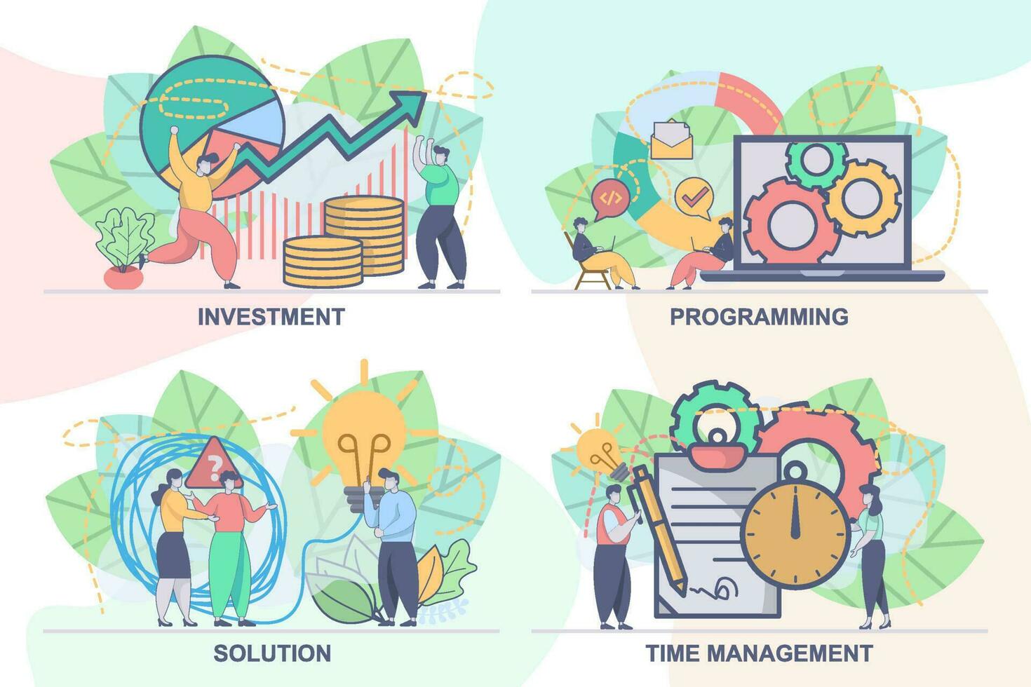 Set of web page design templates for investment, solution, programming, time management. Modern vector illustration concepts for website and mobile website development.