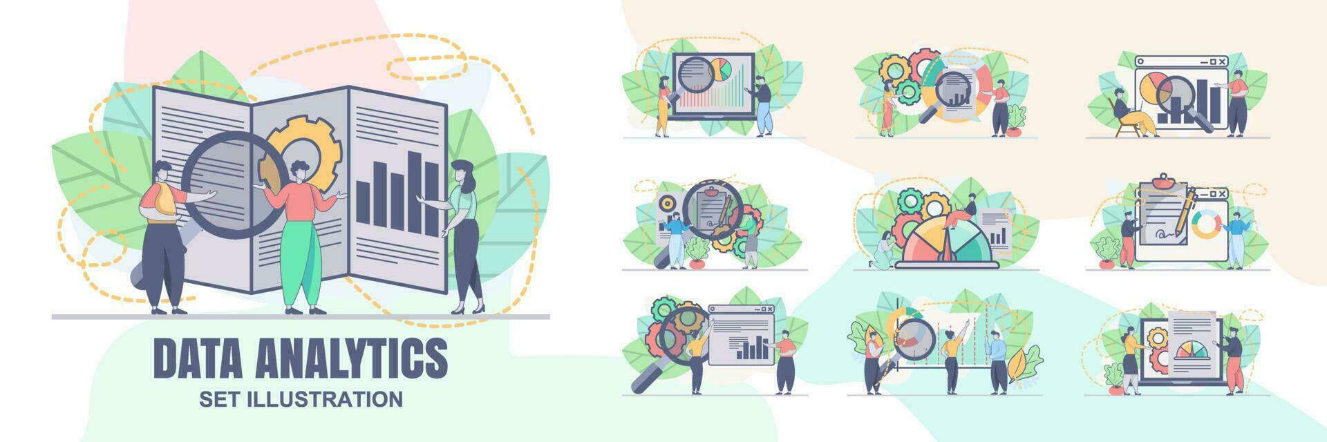 set vector design statistical and Data analysis for business finance investment concept with business people team working. Financial data analysis illustration.