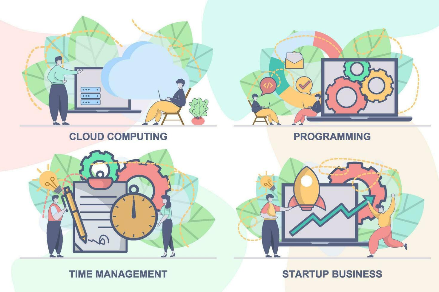 Set of web page design templates for programming, startup business, cloud computing, time management. Modern vector illustration concepts for website and mobile website development.