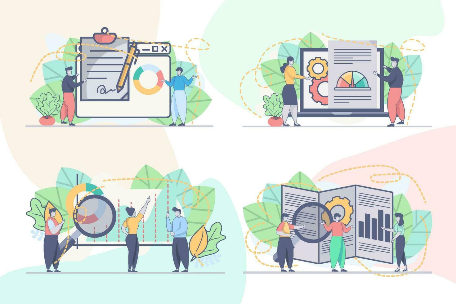 Set of web page design templates for Data analysis, business analytics. Online financial data analysis web page composition with people characters. Modern vector illustration concepts